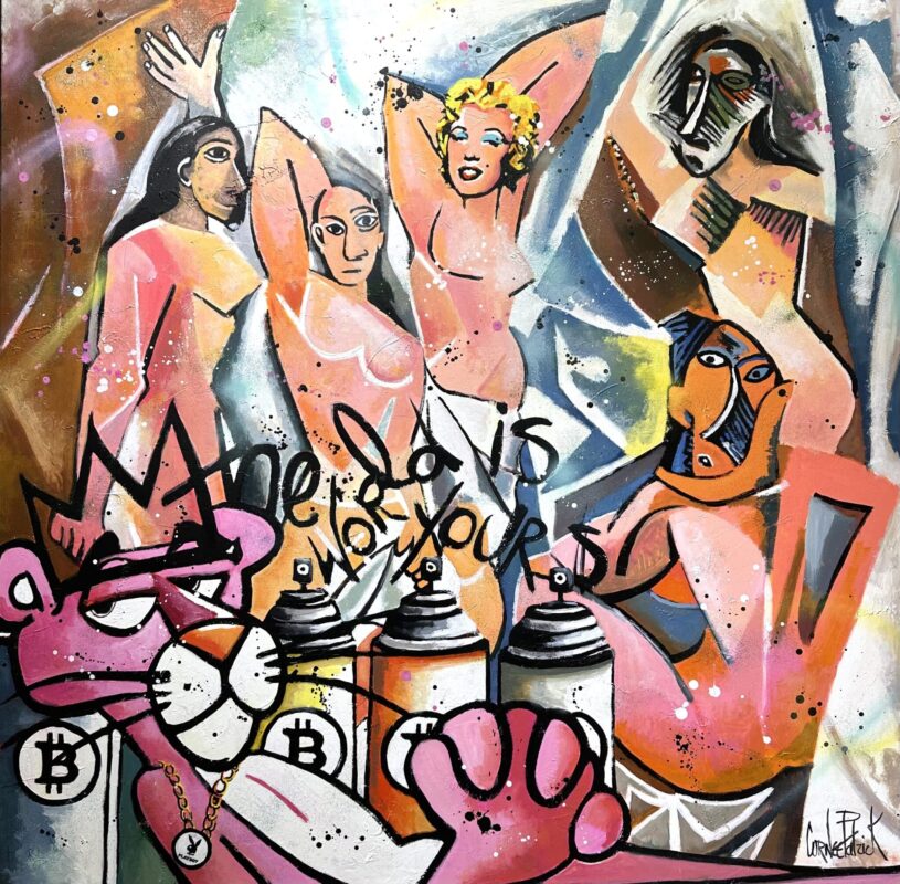 Peinture pop art les demoiselles d'Avignon et la panthère rose.