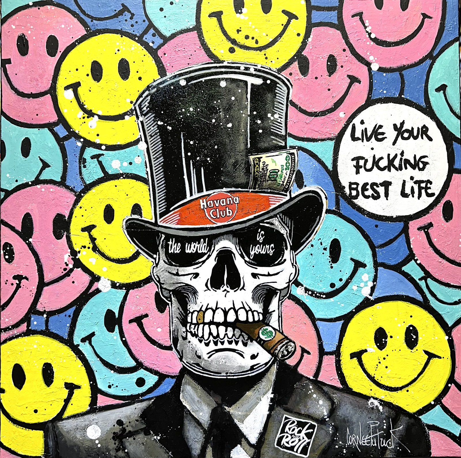 Pop art-style painting of a skull and crossbones wearing a top hat and smoking a cigar.