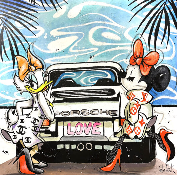 Pop art artwork of Minnie and Daisy in front of a Porsche in Miami Beach