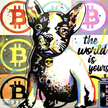 Un tableau de style pop art représentant un adorable bouledogue Français avec des symboles Bitcoin