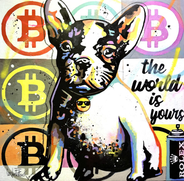 Un tableau de style pop art représentant un adorable bouledogue Français avec des symboles Bitcoin