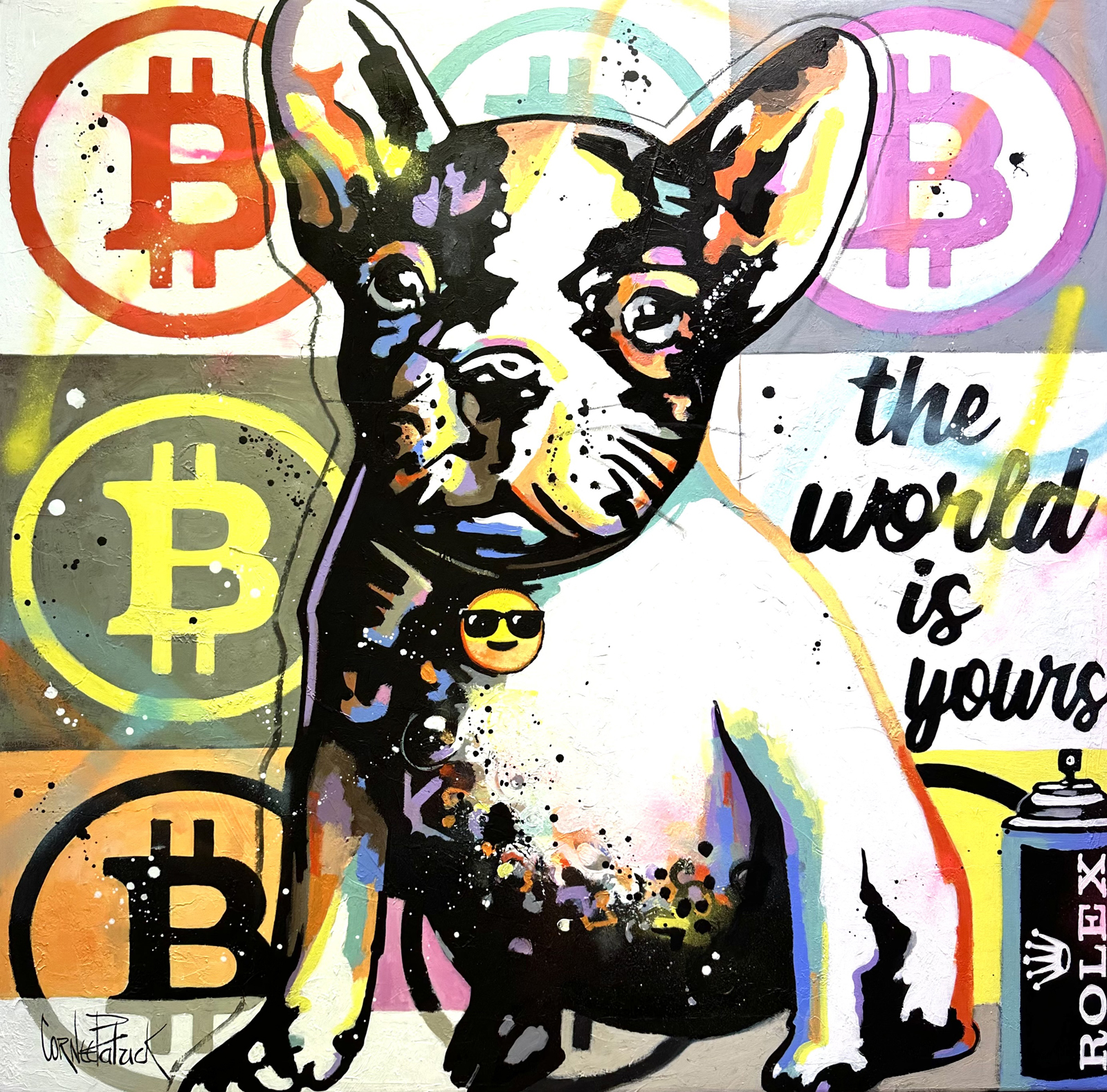 Un tableau de style pop art représentant un adorable bouledogue Français avec des symboles Bitcoin