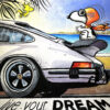 Original Pop Art style oil painting of Snoopy and his white Porsche 911 on the French Riviera