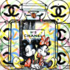 graffiti art depicting Mickey Mouse and Minnie Mouse sitting next to each other in front of a large bottle of Chanel No. 5 perfume