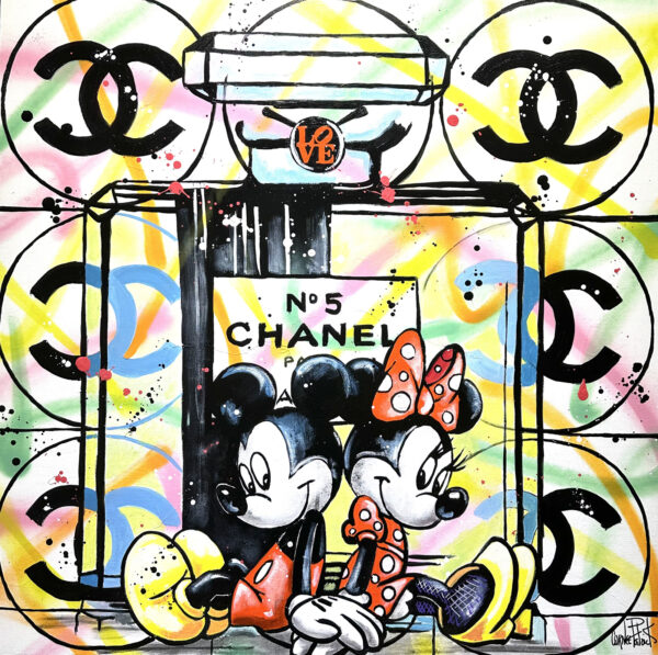 graffiti art depicting Mickey Mouse and Minnie Mouse sitting next to each other in front of a large bottle of Chanel No. 5 perfume