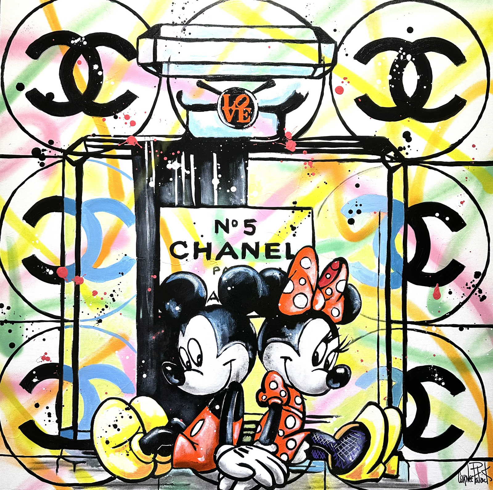graffiti art depicting Mickey Mouse and Minnie Mouse sitting next to each other in front of a large bottle of Chanel No. 5 perfume