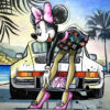 Tableau originale dans le style Pop Art, Minnie Mouse devant sa Porsche, portant une tenue Louis Vuitton avec des talons hauts roses.