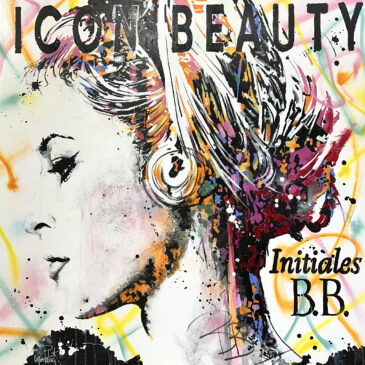 J'ai créer Une peinture mélangeant graffiti et Pop Art représentant le portrait de Brigitte Bardot dans des couleurs vives.