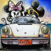 Original painting on canvas, unique piece depicting Minnie and Mickey inspired by the world of pop art, driving a Porsche