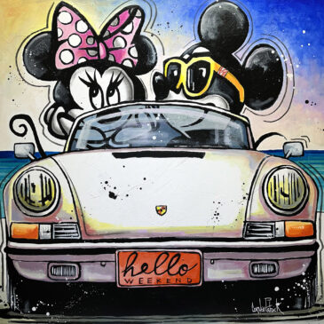 Original painting on canvas, unique piece depicting Minnie and Mickey inspired by the world of pop art, driving a Porsche