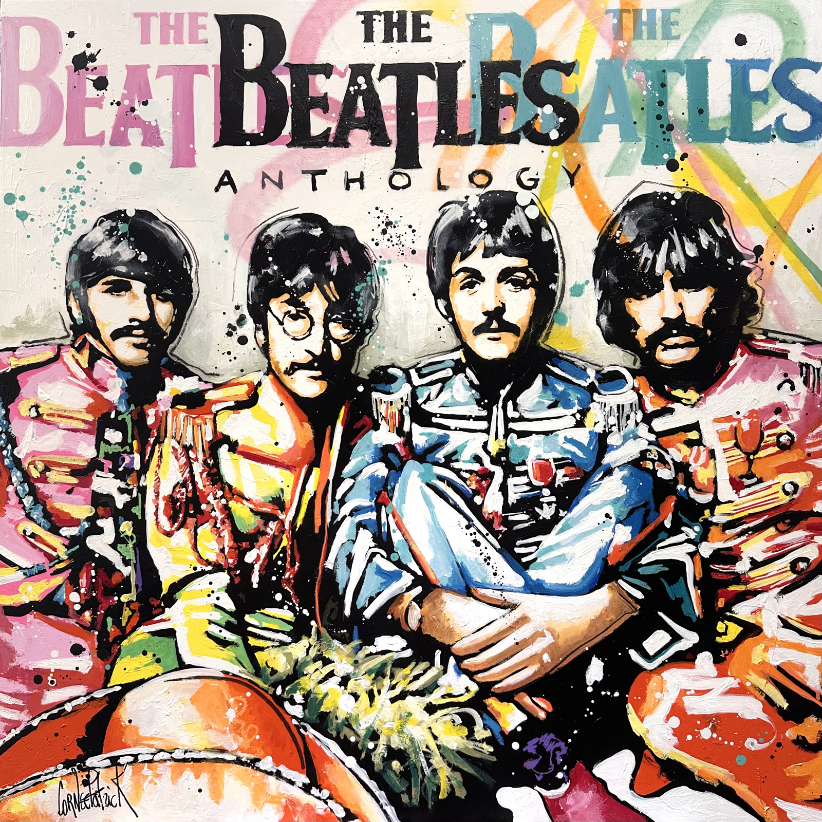 The Beatles Anthology peinture Pop Art originale représentant John Lennon, Paul McCartney, George Harrison et Ringo Starr