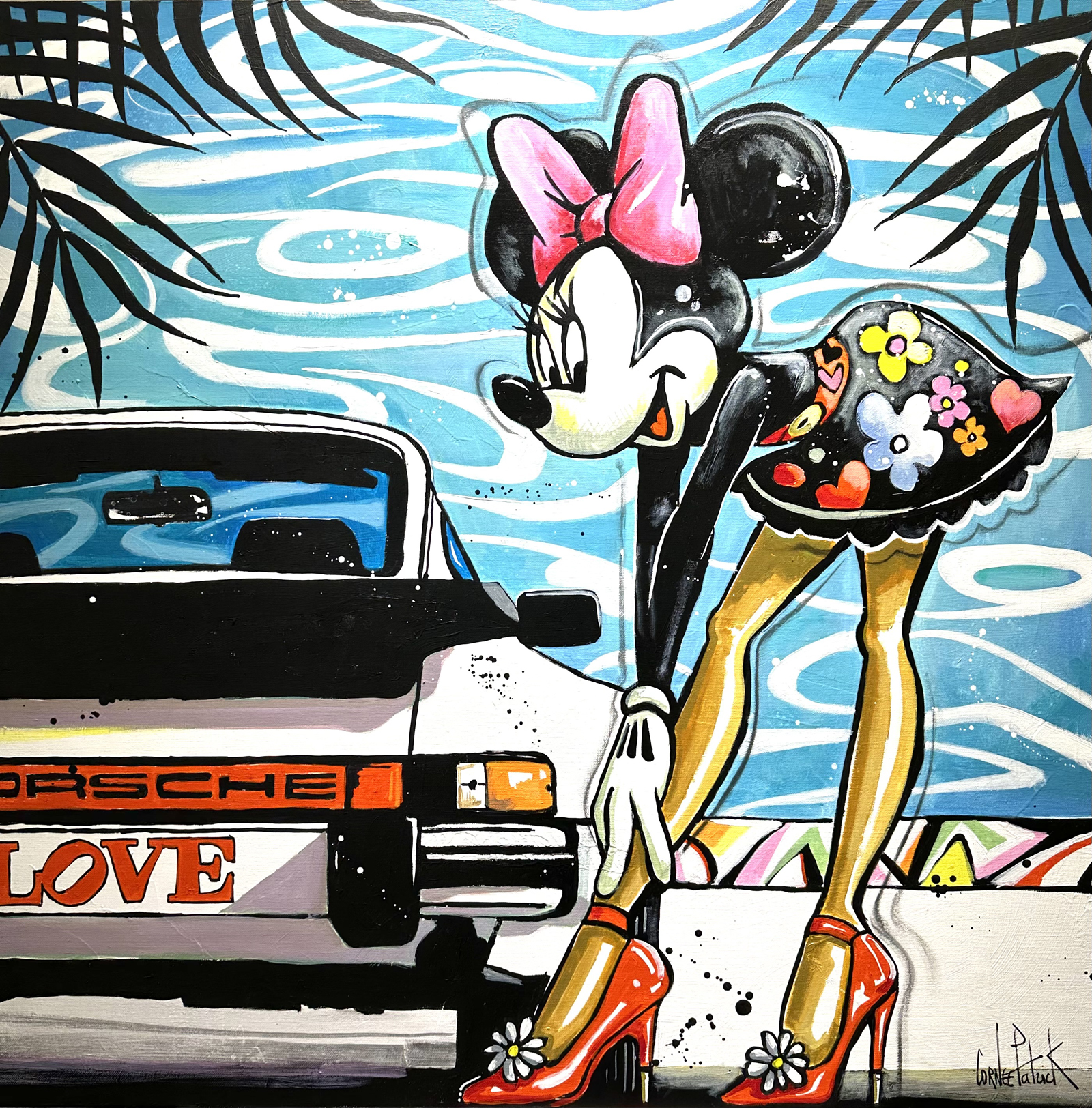 Tableau représentant Minnie Mouse en talons hauts Christian Louboutin, devant sa Porsche 911, dans le style pop art.