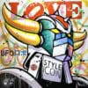 Peinture originale Pop Art de Goldorak avec fond graffiti coloré et inscription LOVE réalisée par Patrick Cornée