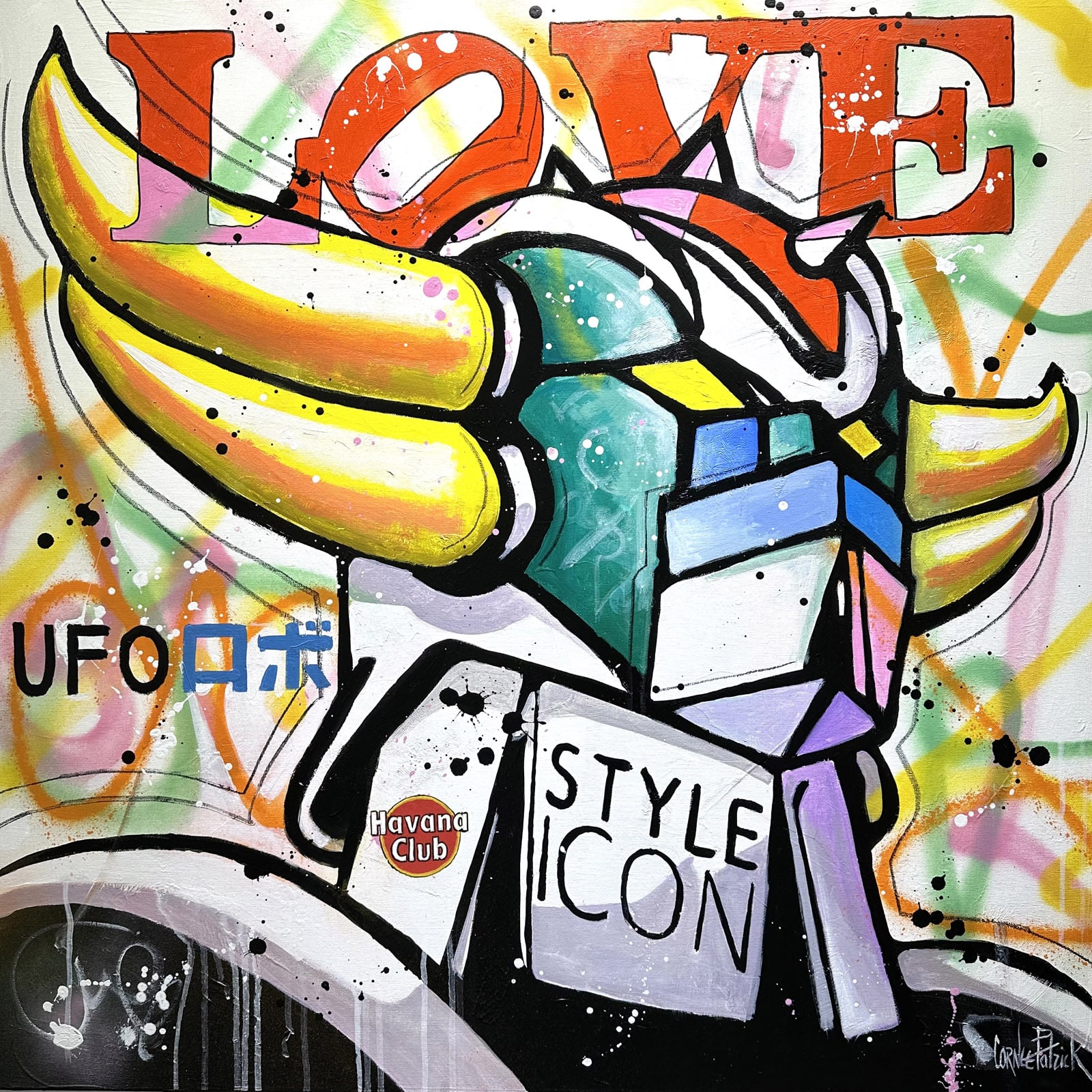 Peinture originale Pop Art de Goldorak avec fond graffiti coloré et inscription LOVE réalisée par Patrick Cornée