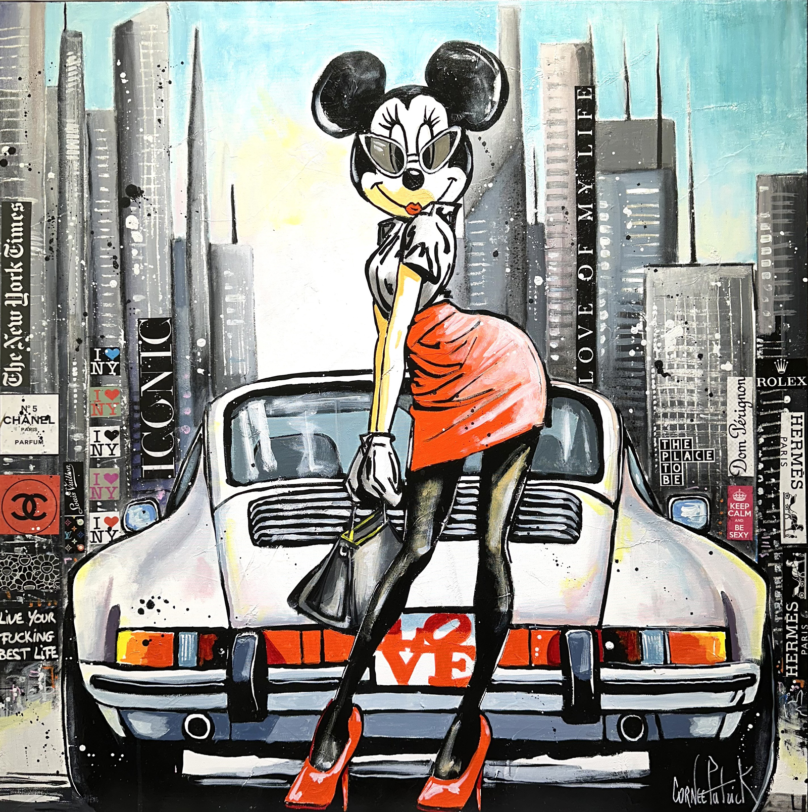 "Peinture contemporaine Pop Art de Patrick Cornée représentant Minnie Mouse devant une Porsche 911 classique, dans un paysage urbain new-yorkais. Œuvre originale sur toile inspirée du street art, du luxe, de la mode et de la culture pop."