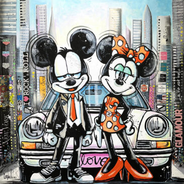 Tableau Pop Art original représentant Mickey Mouse et Minnie Mouse devant une Porsche 911 classique dans un décor urbain inspiré de New York.