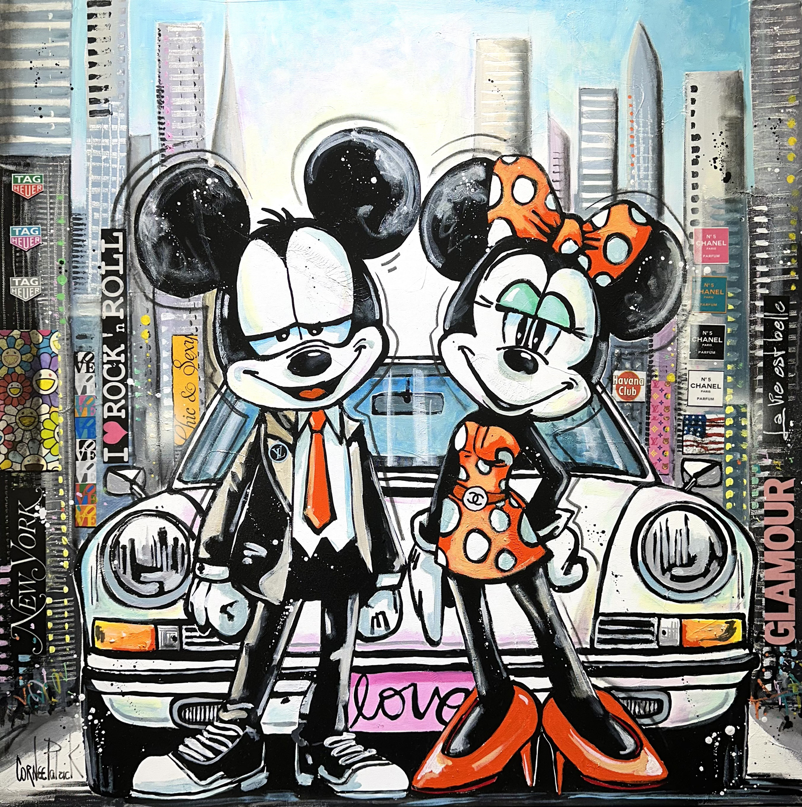 Tableau Pop Art original représentant Mickey Mouse et Minnie Mouse devant une Porsche 911 classique dans un décor urbain inspiré de New York.