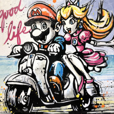 Tableau Pop Art original représentant Mario et la Princesse Peach sur une Vespa. Peinture contemporaine sur toile inspirée de Nintendo et de la culture pop.