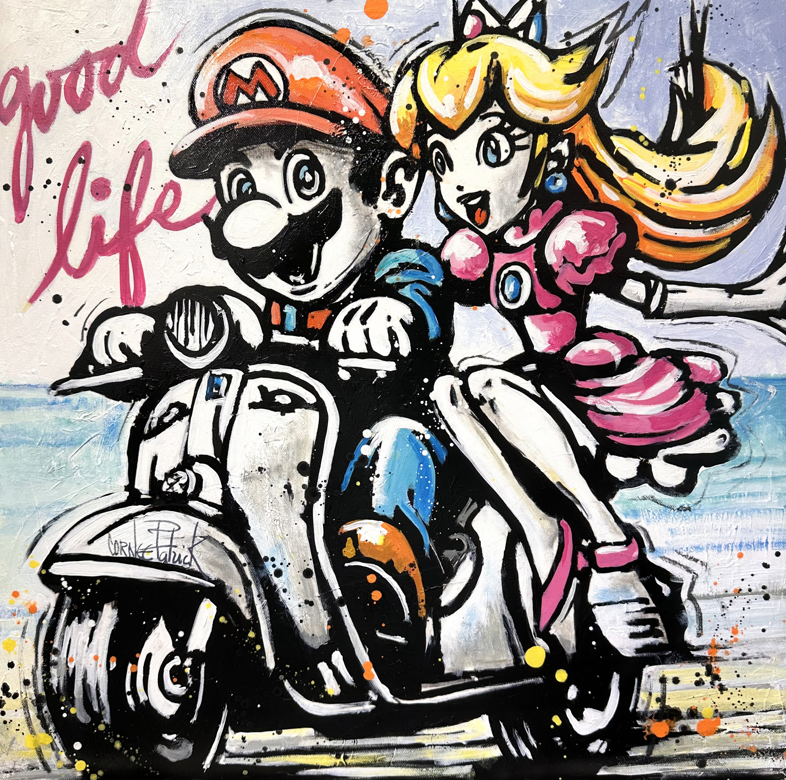 Tableau Pop Art original représentant Mario et la Princesse Peach sur une Vespa. Peinture contemporaine sur toile inspirée de Nintendo et de la culture pop.