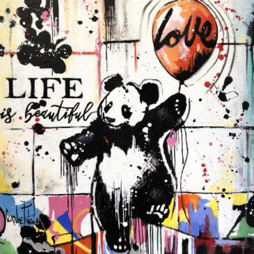 Original Pop Art painting of a panda holding a Love balloon, inspired by Street Art, created by Patrick Cornée.