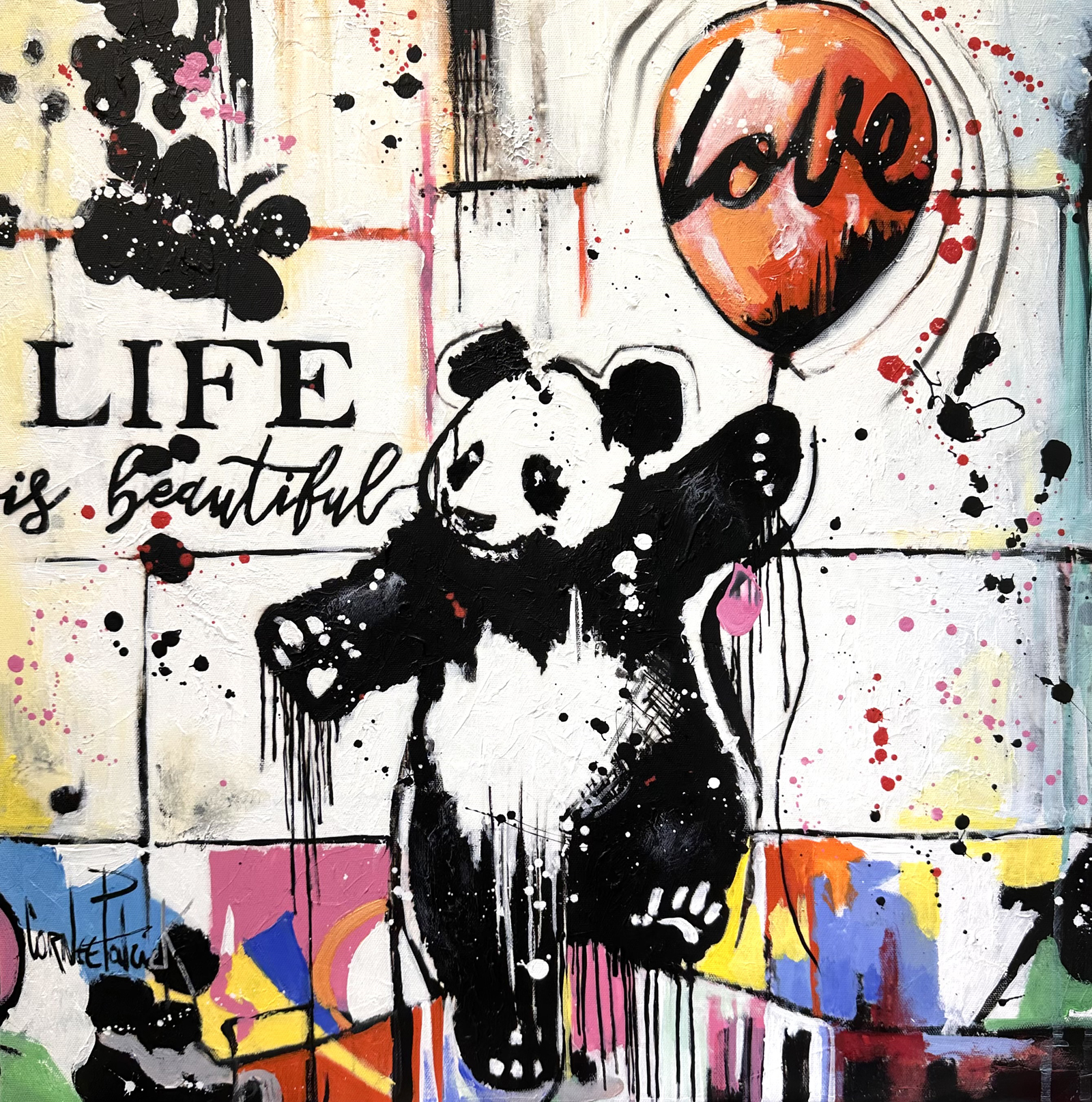 Original Pop Art painting of a panda holding a Love balloon, inspired by Street Art, created by Patrick Cornée.