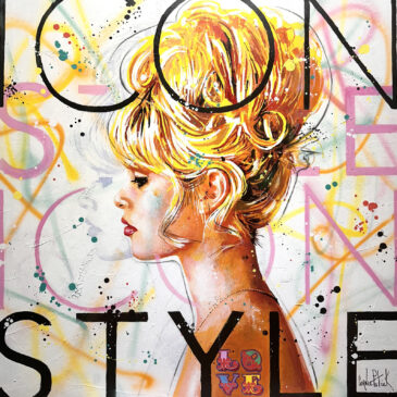 Original Pop Art portrait of Brigitte Bardot in profile, featuring vibrant colors, painted on canvas by Patrick Cornée.
